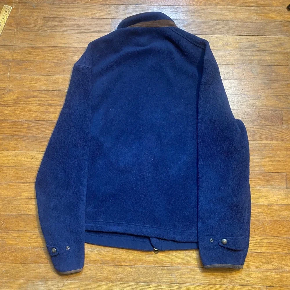 Polo Ralph Lauren Navy Blue Fleece Jacket Leather Trim Full Zip Mens XL